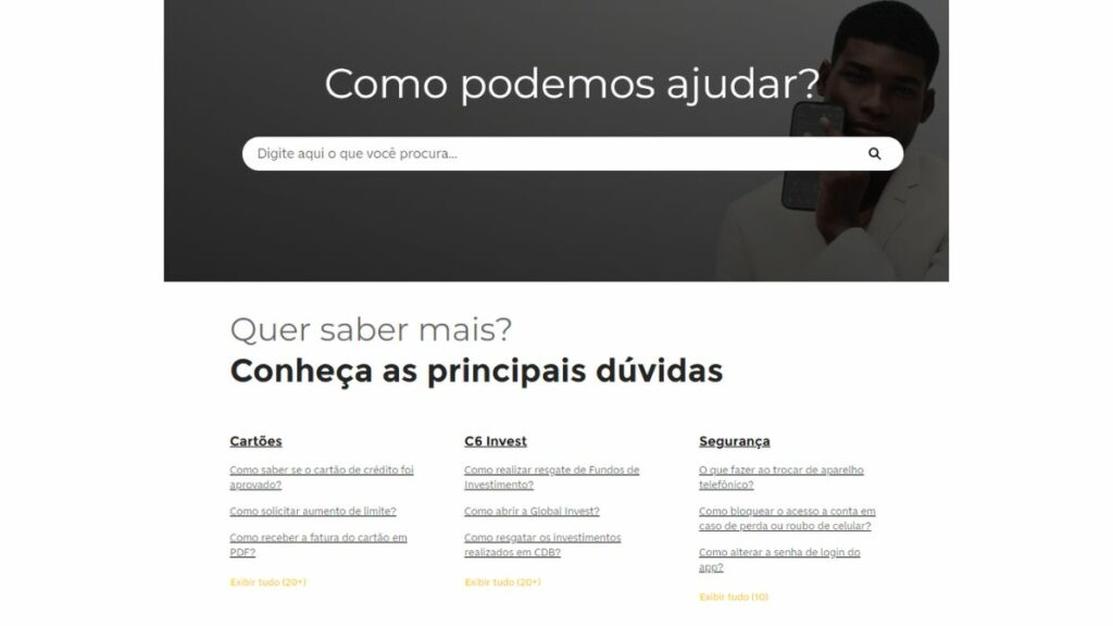 WhatsApp C6 Bank: Telefone, SAC 0800, Ouvidoria, redes sociais e demais formas de contato! 1 Print do FAQ da C6 Bank