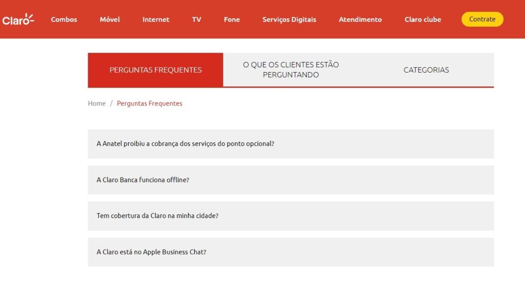 Página de FAQ Claro Net