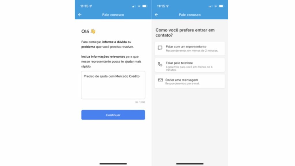 Escolha o Motivo para falar com o Mercado Pago
