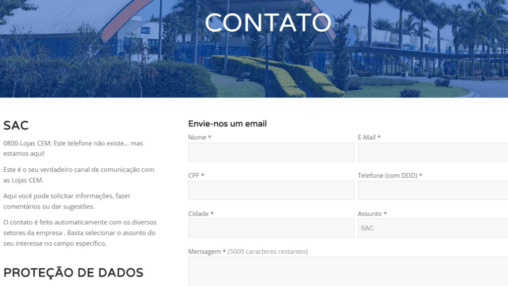 Página de contato, WhatsApp Lojas CEM, E-mail, Telefone.