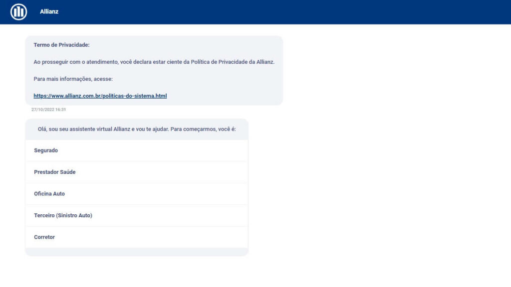 Chat de Atendimento da Allianz Seguros