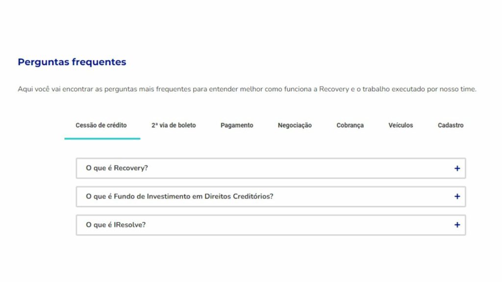 Recovery Telefone: WhatsApp, SAC 0800, Formulário de contato, Ouvidoria e mais! 1 Print do FAQ do site Recovery