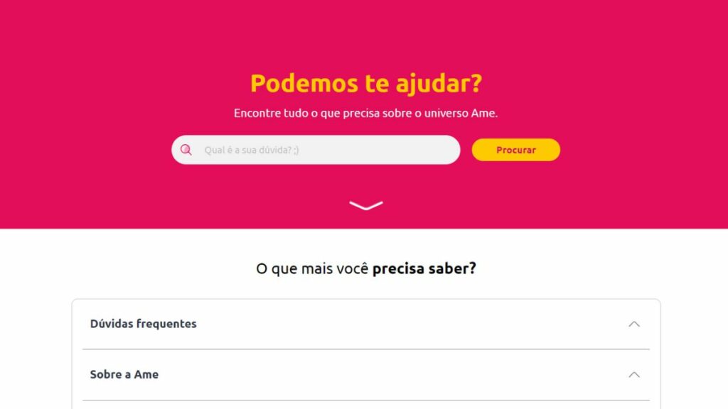 Ame Digital WhatsApp: Telefone, SAC 0800, Redes sociais e demais formas de contato! 1 Print do FAQ da Ame Digital