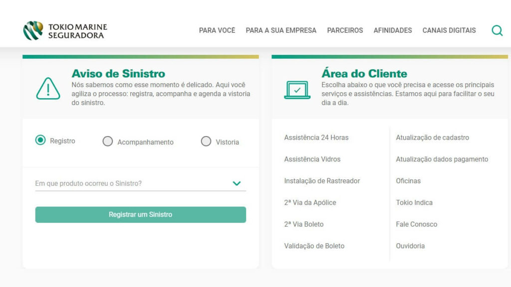 Página inicial da Tokio Marine