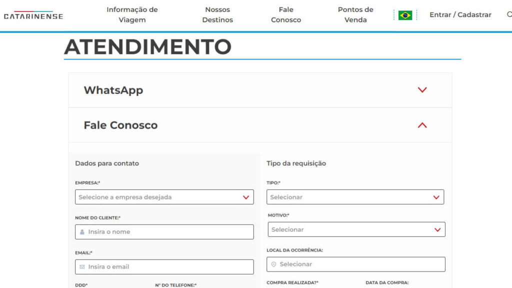 Página de atendimento da Viação Catarinense