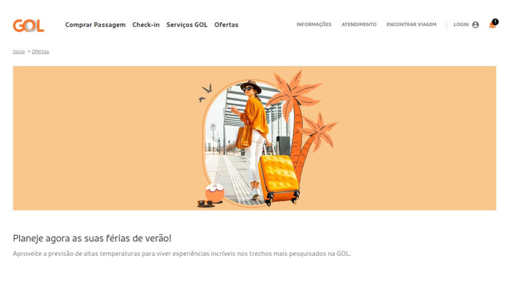 Página inicial da Gol