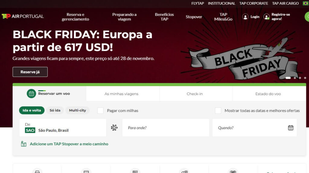 Página inicial da TAP
