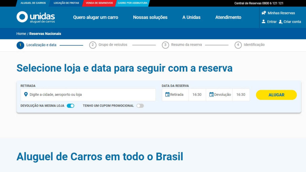 Página inicial da Unidas