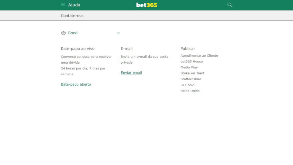 Página de Atendimento da Bet365