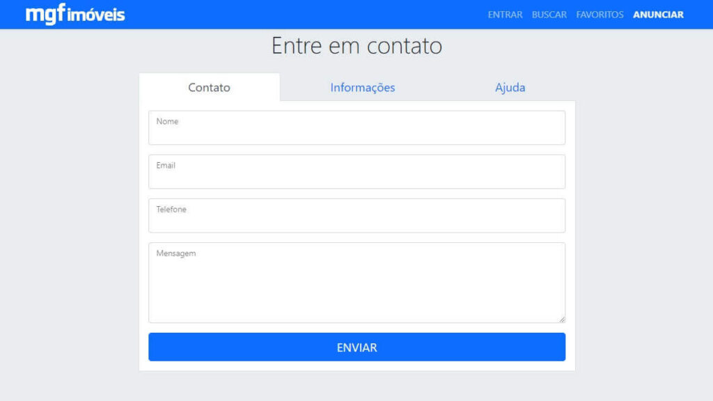 Formulário de Contato da MGF Imóveis. Foto: Reprodução.