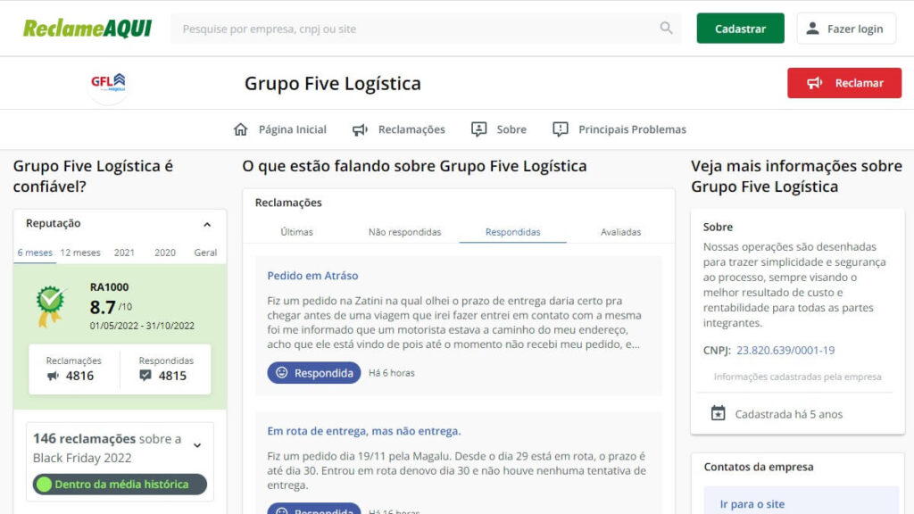 GFL Transportadora no Reclame Aqui