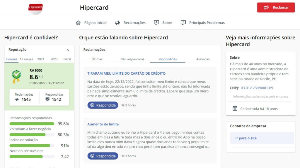 Hipercard no Reclame Aqui