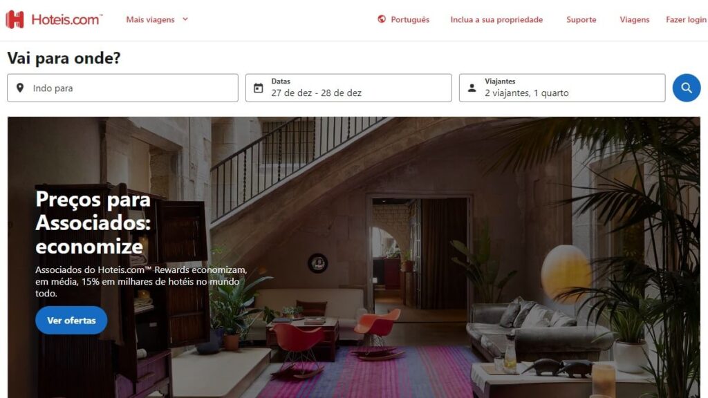 Página inicial da Hoteis.com