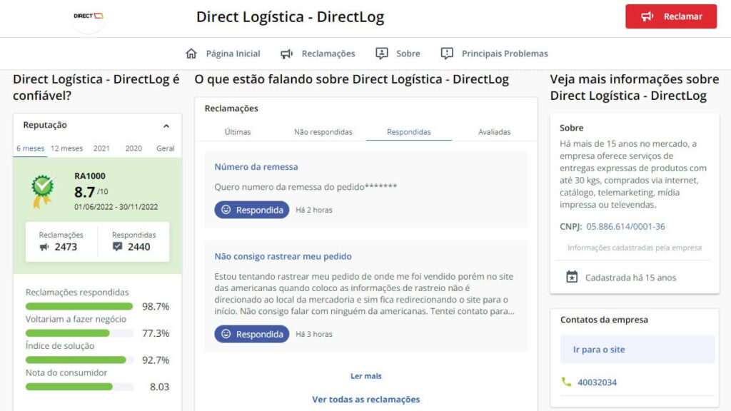 Transportadora Direct no Reclame Aqui