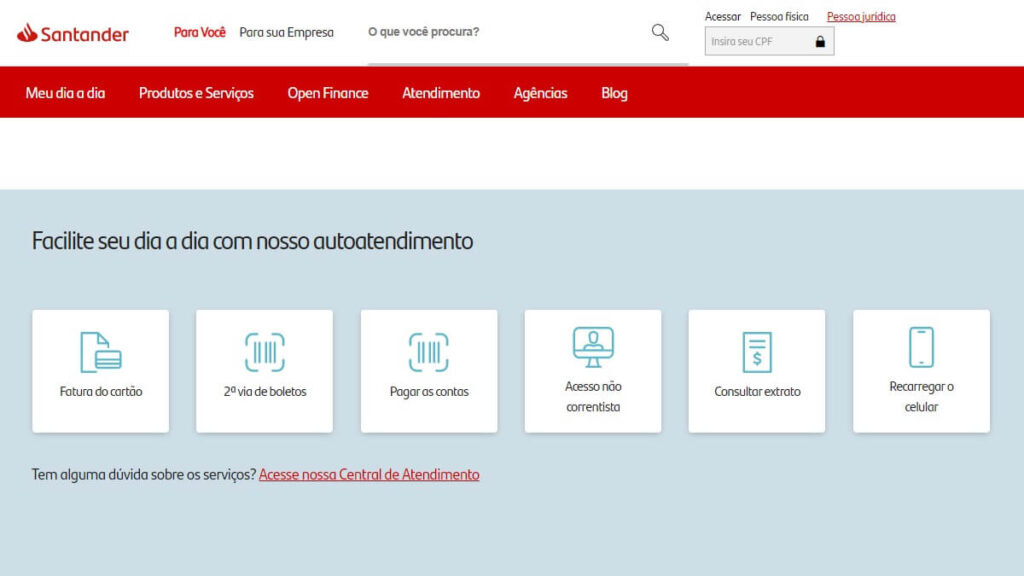 Área de autoatendimento no site do Santander