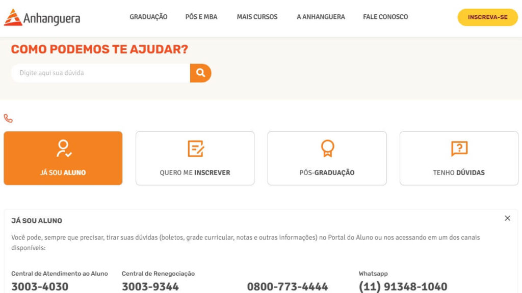 WhatsApp Anhanguera: Telefone 0800, Chat Online, Ouvidoria e mais! 2 Central de Atendimento da Anhanguera