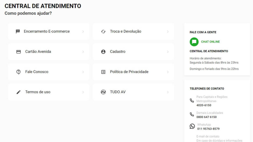 FAQ das Lojas Avenida