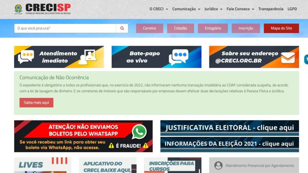 Página inicial do site do CRECISP