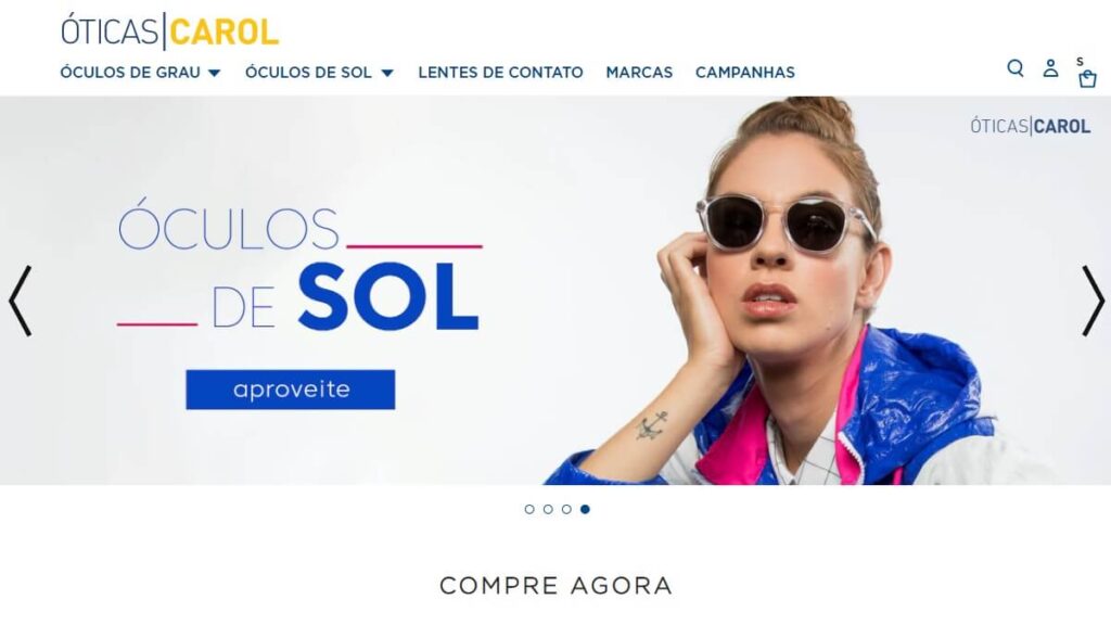 Página inicial da Óticas Carol