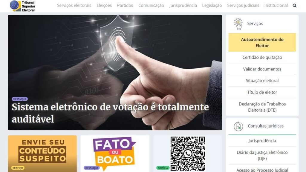 Página inicial do site do TSE