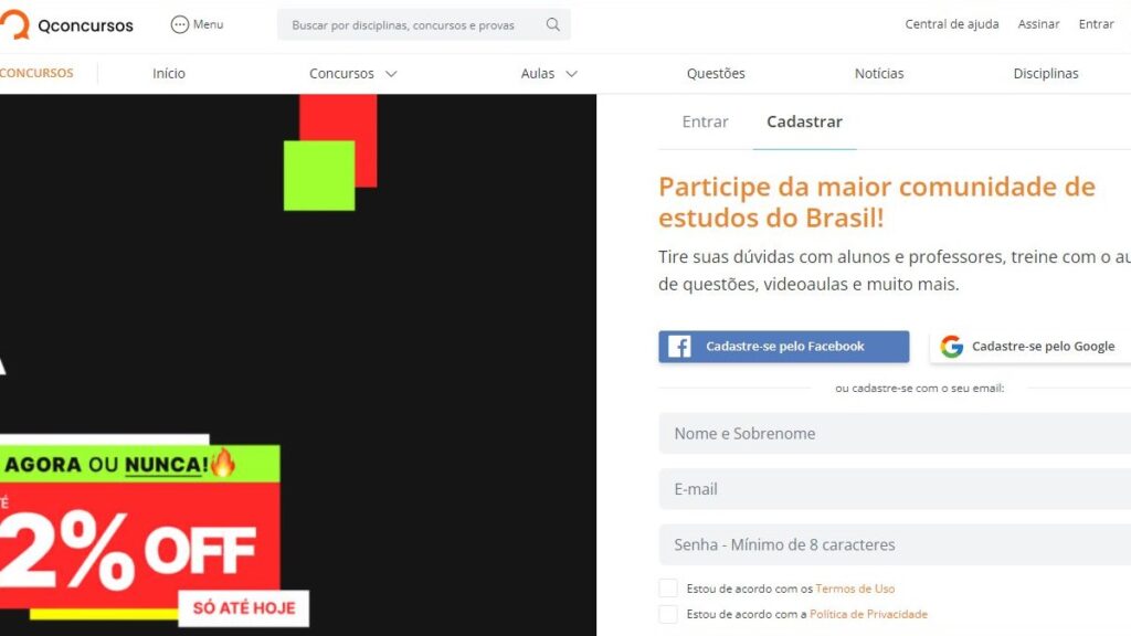 Print Screen da tela de login no Qconcursos