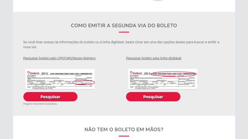 Página de solicitação de 2ª via de boletos