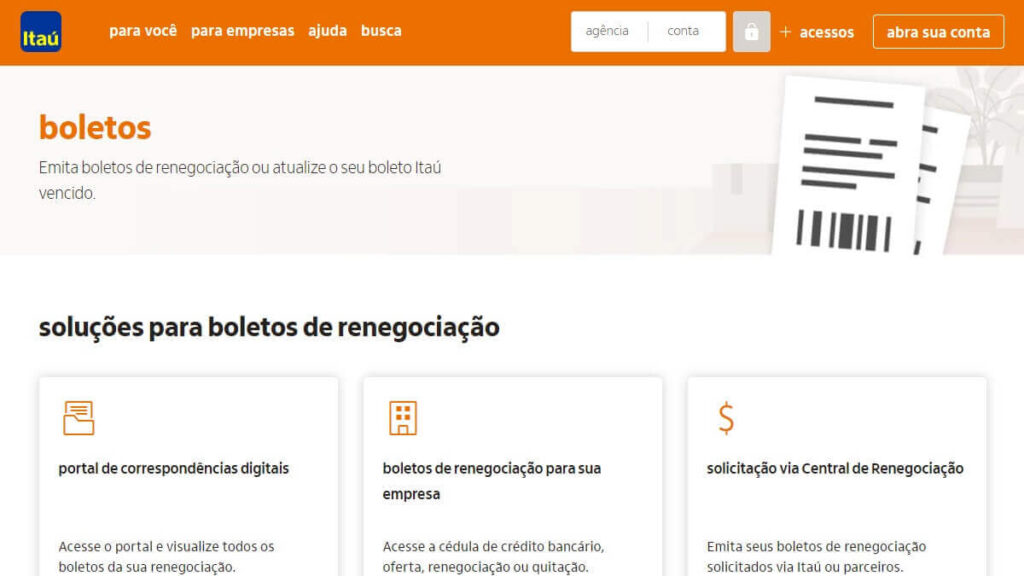 Página de serviços de boletos do Itaú