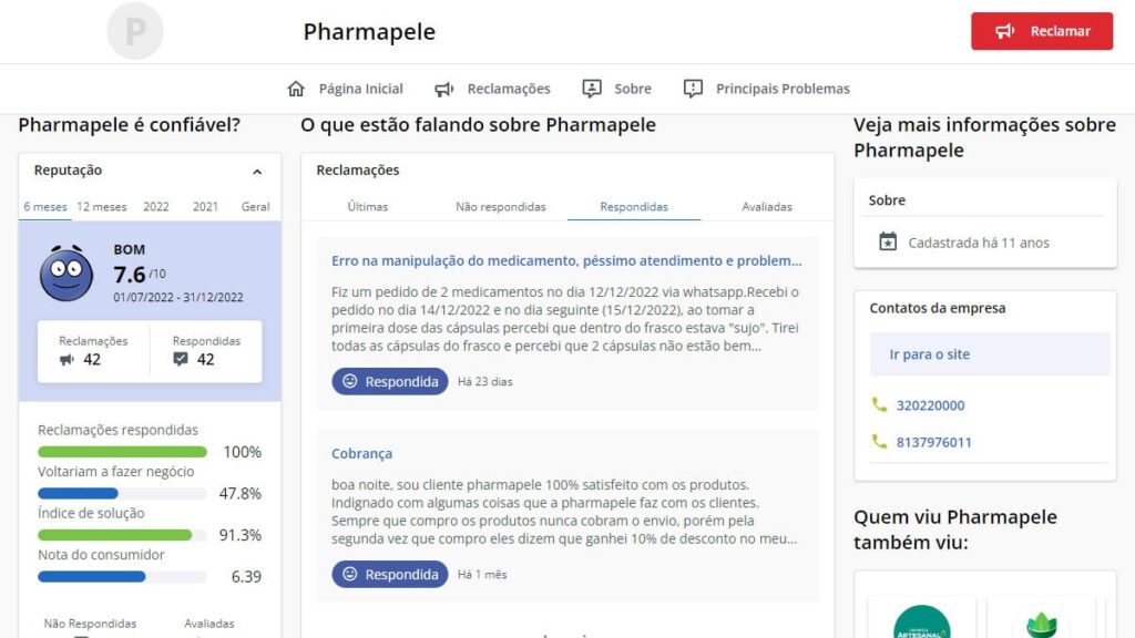 Pharmapele WhatsApp: Telefone, Fale Conosco, Atendimento e mais! 3 Pharmapele no Reclame Aqui
