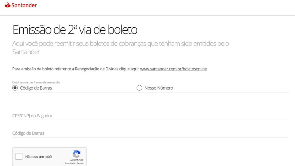 Solicitação de 2ª Via de boletos Santander