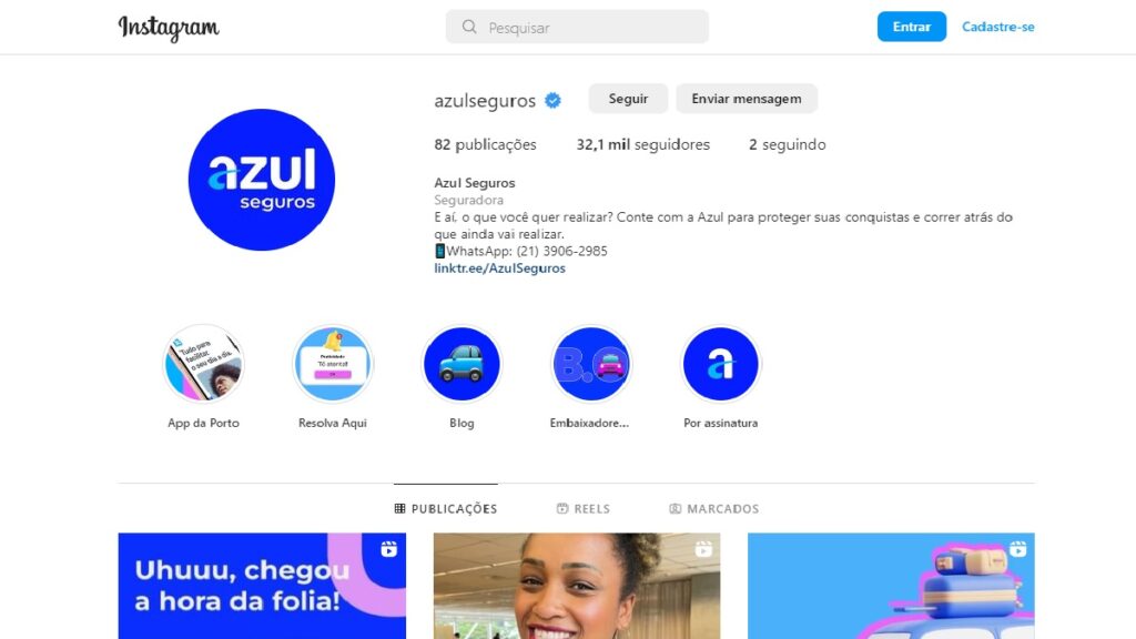 Azul Seguros WhatsApp: Telefones, 0800, Fale conosco e demais meios de contato! 4 Print Screen do Instagram da Azul Seguros.