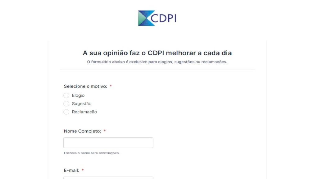 CDPI WhatsApp: Telefones, 0800, Fale conosco e demais meios de contato! 3 Print Screen do formulário para compartilhar sua opinião