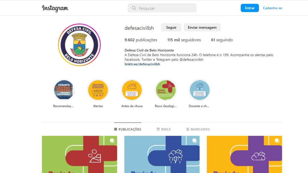 Defesa Civil BH WhatsApp: Telefones, 0800, Telegram e demais contatos! 3 Print Screen do Instagram da Defesa Civil de Belo Horizonte.