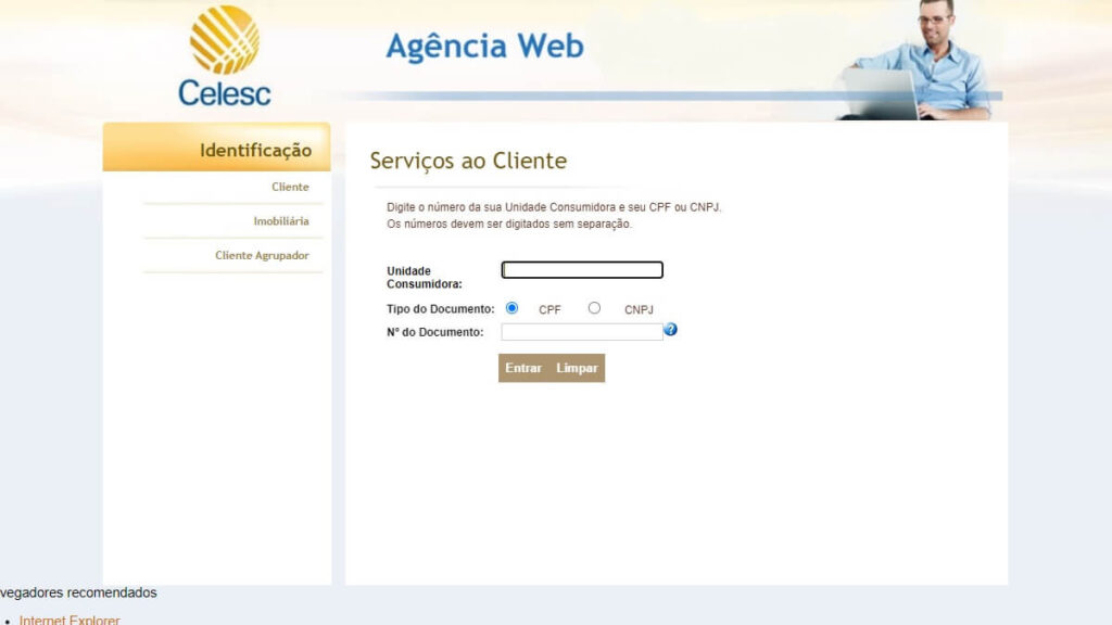 Página de login da Agência Web da Celesc