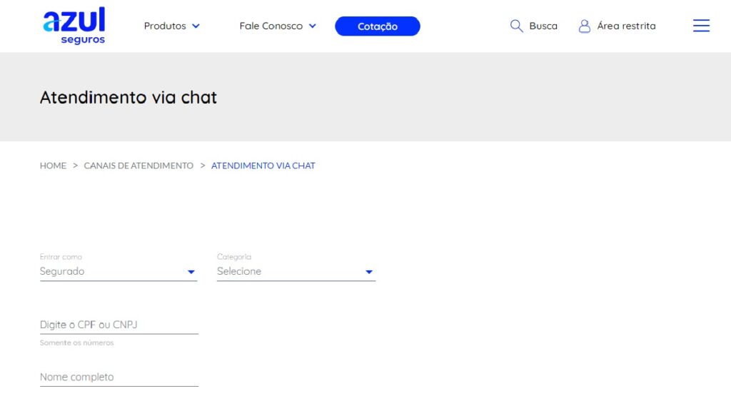 Azul Seguros WhatsApp: Telefones, 0800, Fale conosco e demais meios de contato! 2 Print Screen do formulário Chat Online do Azul Seguros.