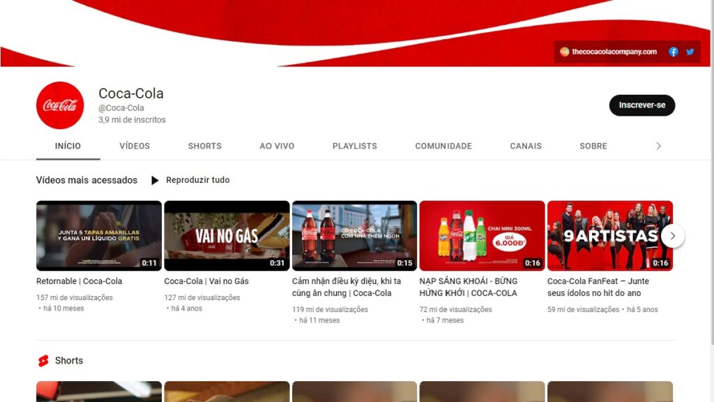 Print Screen do canal do Youtube da Coca Cola. 