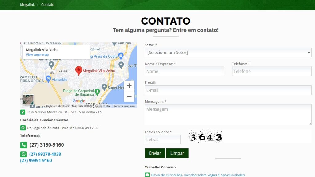 Print Screen Formulário de contato MegaLink.