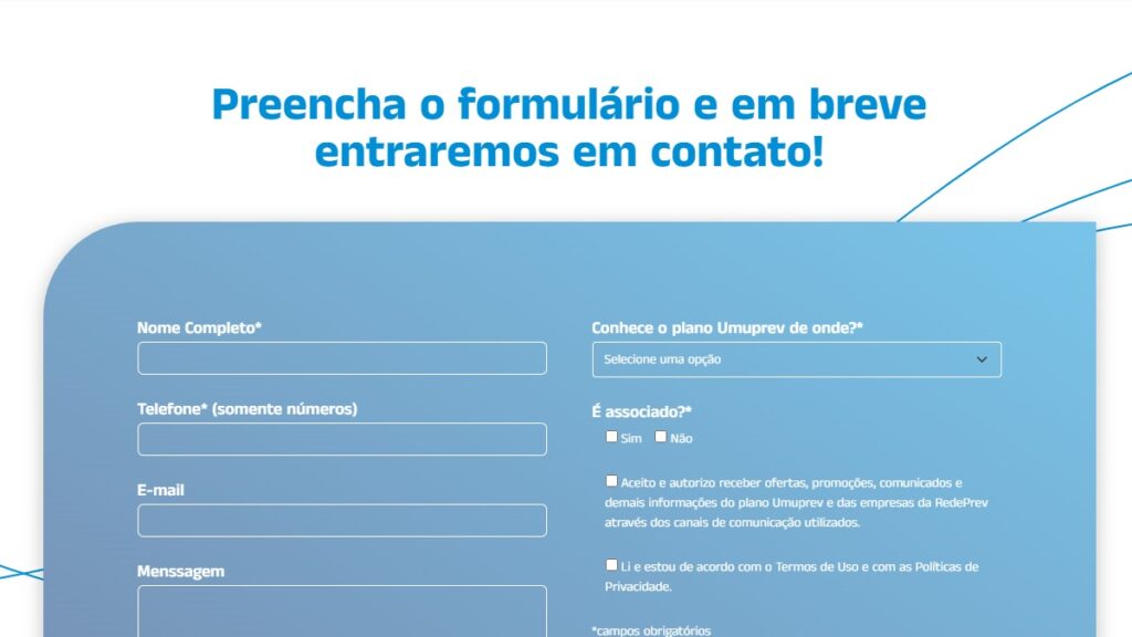 Umuprev WhatsApp: Telefones, SAC, 0800 e demais contatos! 2 Print Screen formulário de contato.