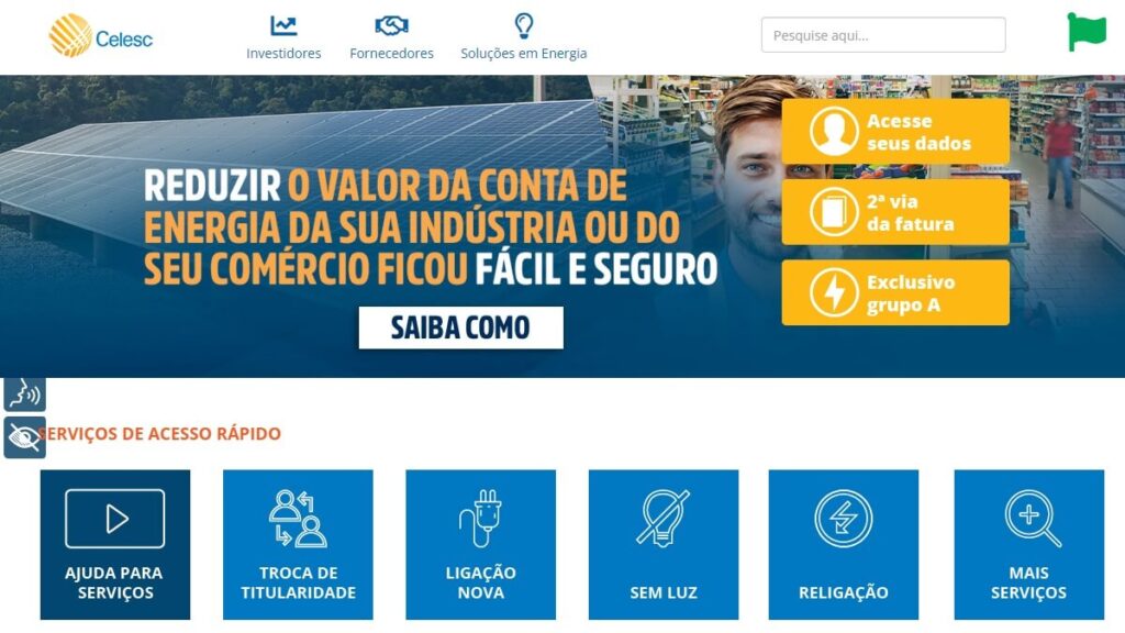 Página inicial do site da Celesc