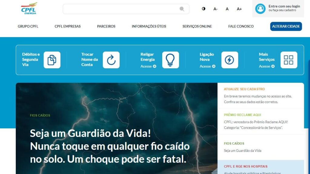 CPFL 2ª Via: Veja aqui como solicitar uma nova guia da sua conta de luz! 3 Página inicial do site da CPFL