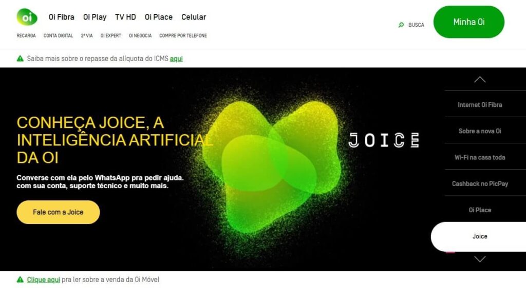 Página inicial do site da Oi