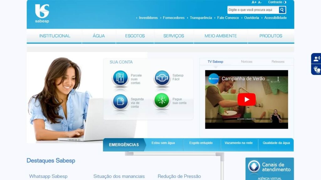 Sabesp 2ª Via: Descubra como emitir uma nova fatura da conta! 3 Página inicial do site da Sabesp