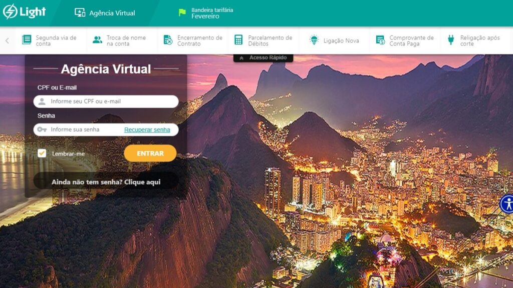 Página de login da Agência Virtual da Light