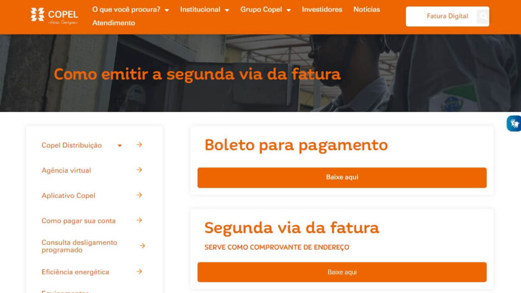 Página de solicitação de segunda via no site da Copel
