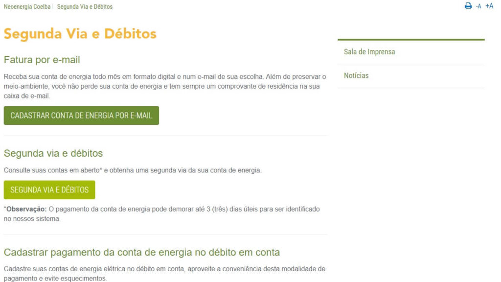 Coelba 2ª Via: Veja como solicitar de forma rápida e simples! 2 Página de solicitação da segunda via da Coelba