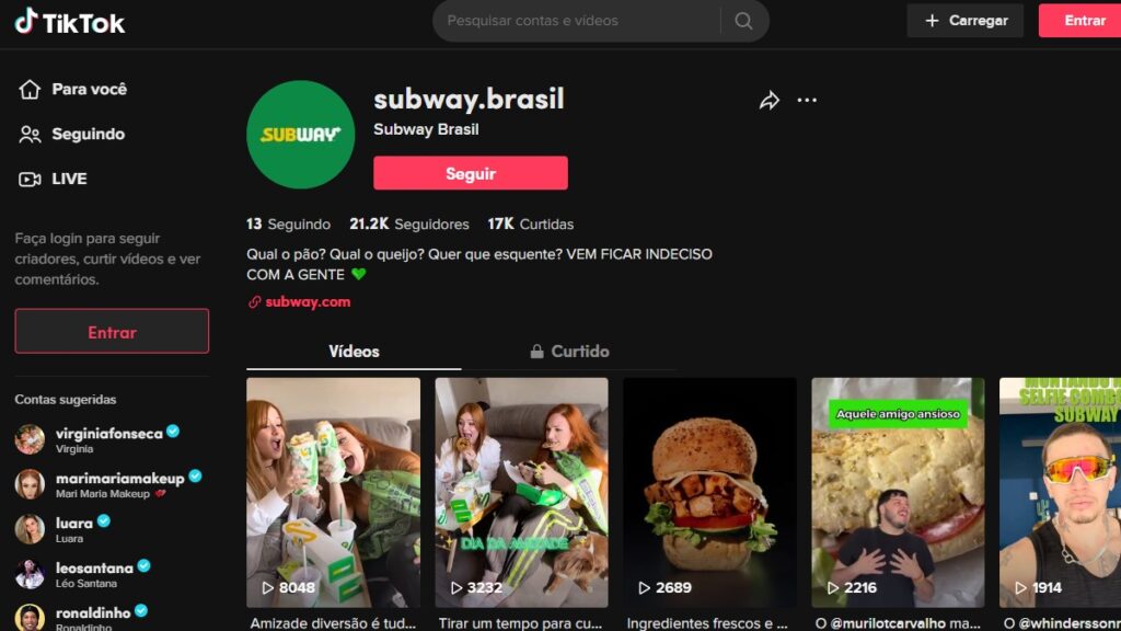 Subway WhatsApp: Telefones, e-mail, SAC, 0800 e outras formas de contato! 2 Print Screen do TikTok da Subway Brasil.