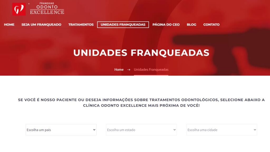 Print Screen da página de unidades franqueadas da Odonto Excellence.