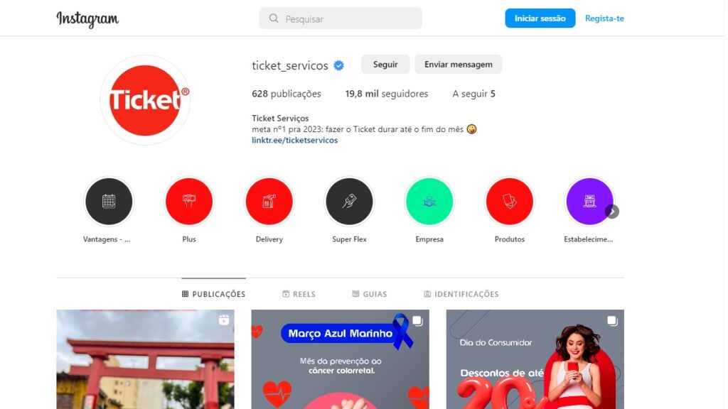 Print Screen do Instagram da Ticket Serviços.