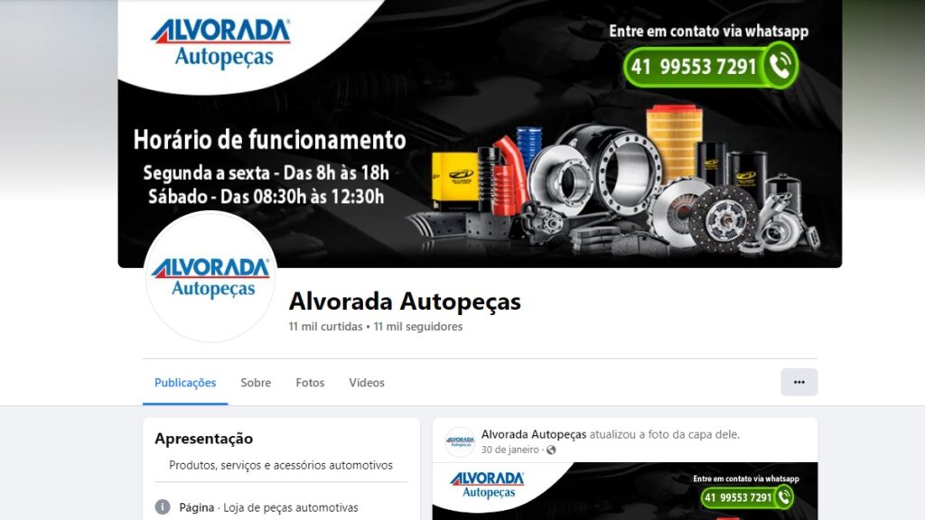 Auto Peças Alvorada WhatsApp: Telefones, e-mail, SAC, 0800 e muito mais! 2 Print Screen da página do Facebook da Autopeças Alvorada.