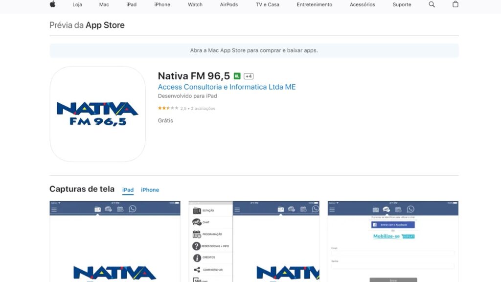 Nativa FM SP WhatsApp: Telefones, E-mail, Aplicativo e outros contatos! 2 Print Screen do aplicativo da Nativa FM na Apple Store.