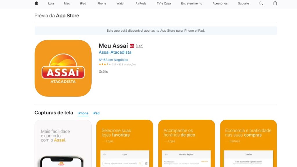 Print Screen do aplicativo da Assaí Atacadista na Apple Store.